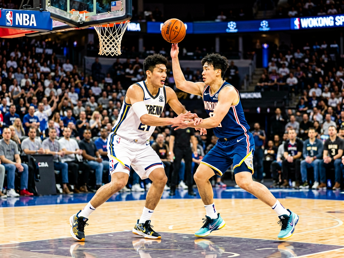 篮球比赛现场，NBA球员在球场上激烈对抗