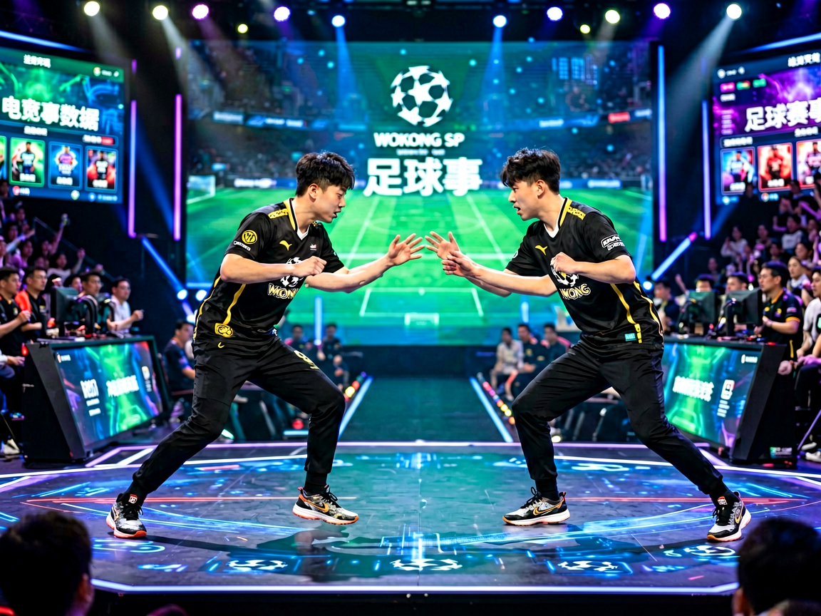 电竞赛事现场，选手在舞台上进行激烈对抗