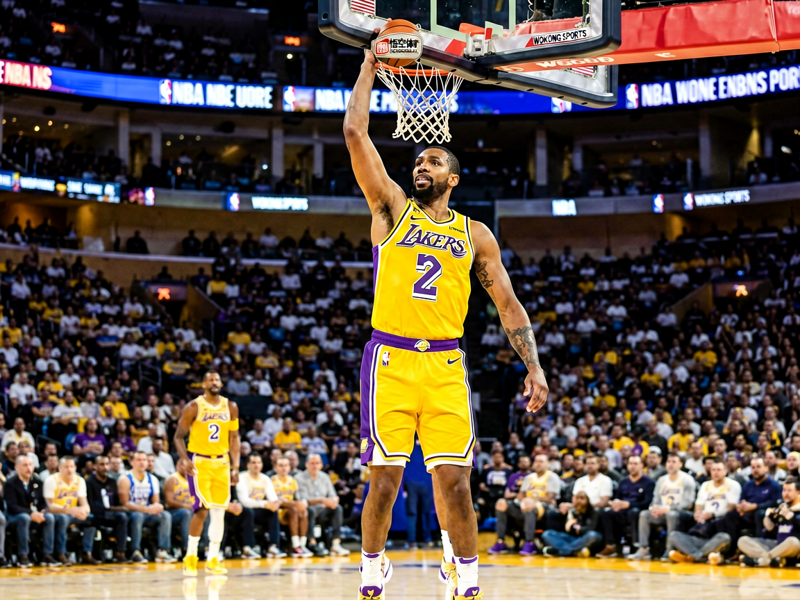 NBA湖人队比赛现场，詹姆斯突破上篮精彩瞬间
